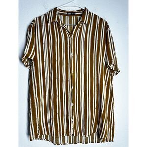 Romwe Men’s Striped Button Down Short Sleeve Shirt Size XL Mustard White